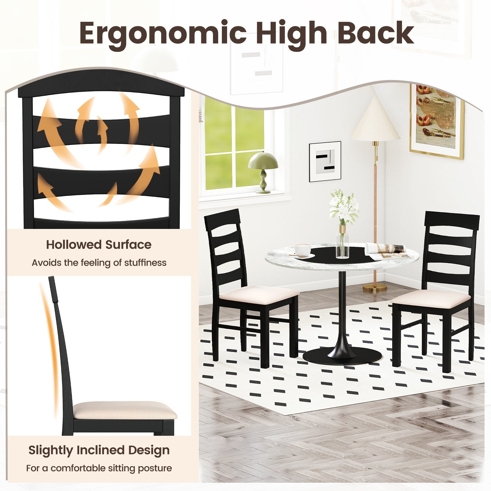 High Back Dining Room Chairs Set of 2 with Padded Seat-Black