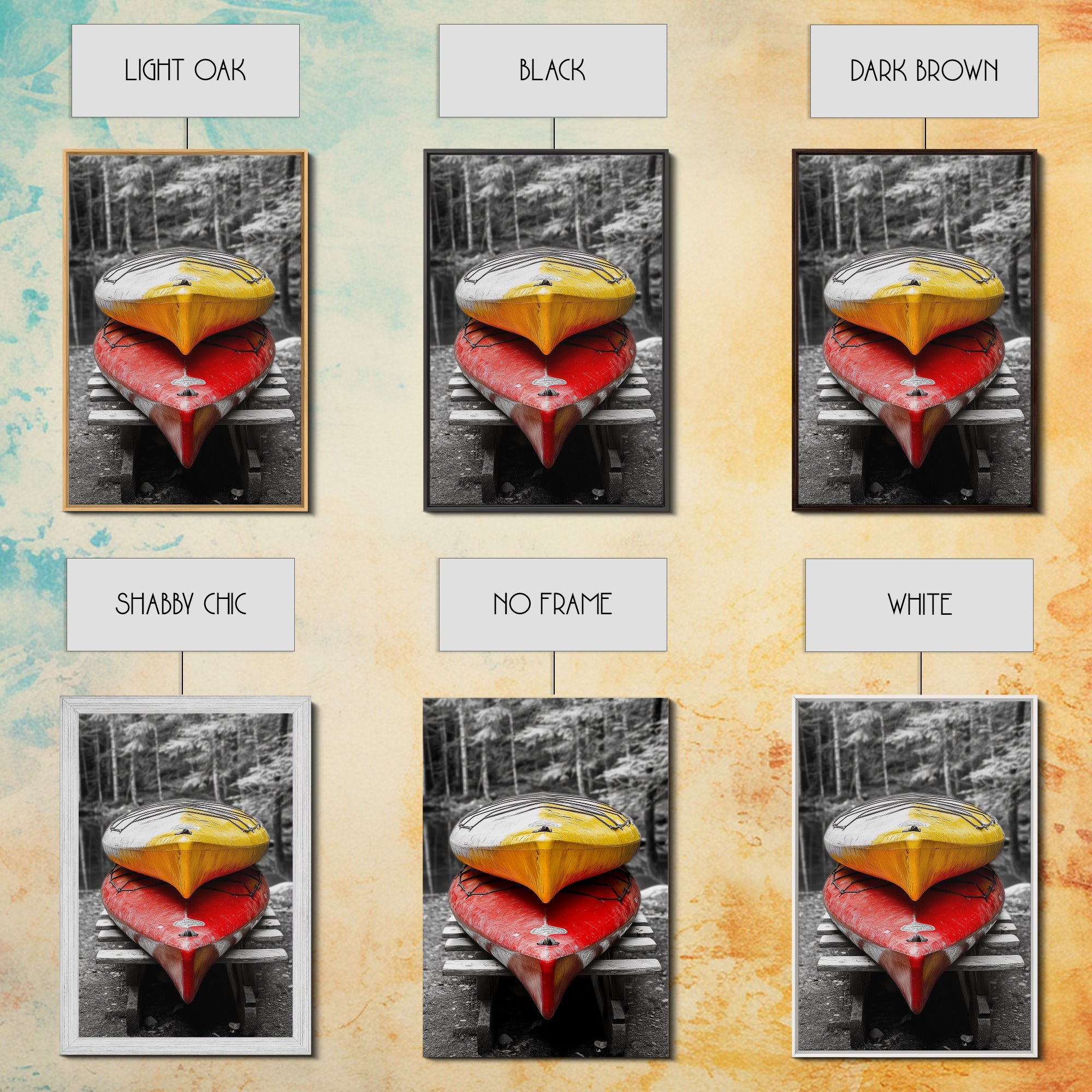 Stacked Kayaks, Red and Yellow, Forest Wall Art