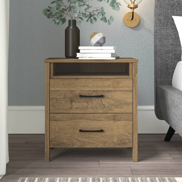 Modern Farmhouse 2-Drawer Nightstand in Brown Oak Wood Finish
