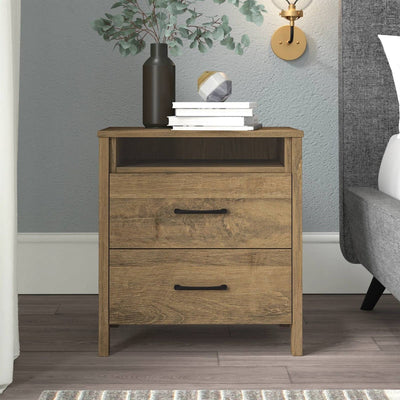 Modern Farmhouse 2-Drawer Nightstand in Brown Oak Wood Finish