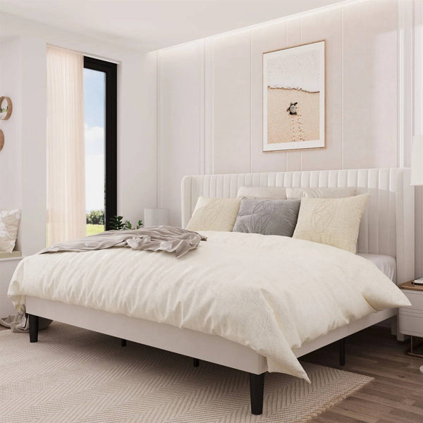 King size White Velvet Upholstered Bed