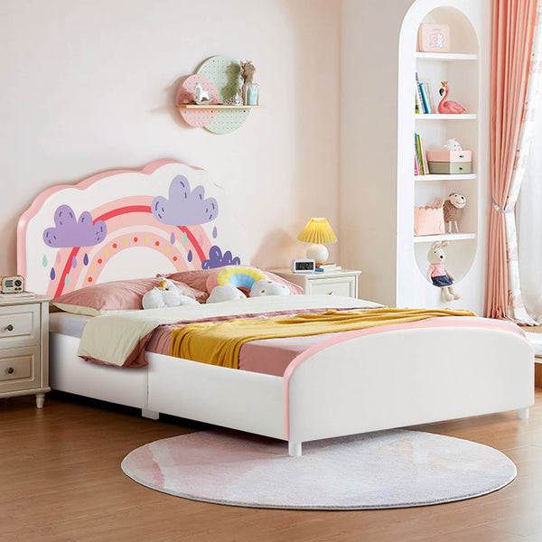 Kids Upholstered Platform Bed with Rainbow Pattern