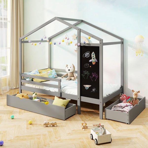 Kids Twin Size Bed with 2 Drawers Solid Wood Bed with Blackboard