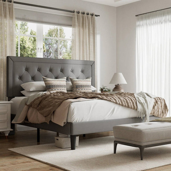 Queen Grey Linen Upholstered Bed