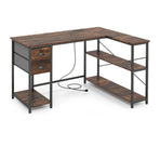 L Shaped Desk with Charging Station Corner Computer Desk with 2 Fabric Drawers