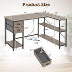 L Shaped Desk with Charging Station Corner Computer Desk with 2 Fabric Drawers