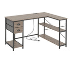 L Shaped Desk with Charging Station Corner Computer Desk with 2 Fabric Drawers
