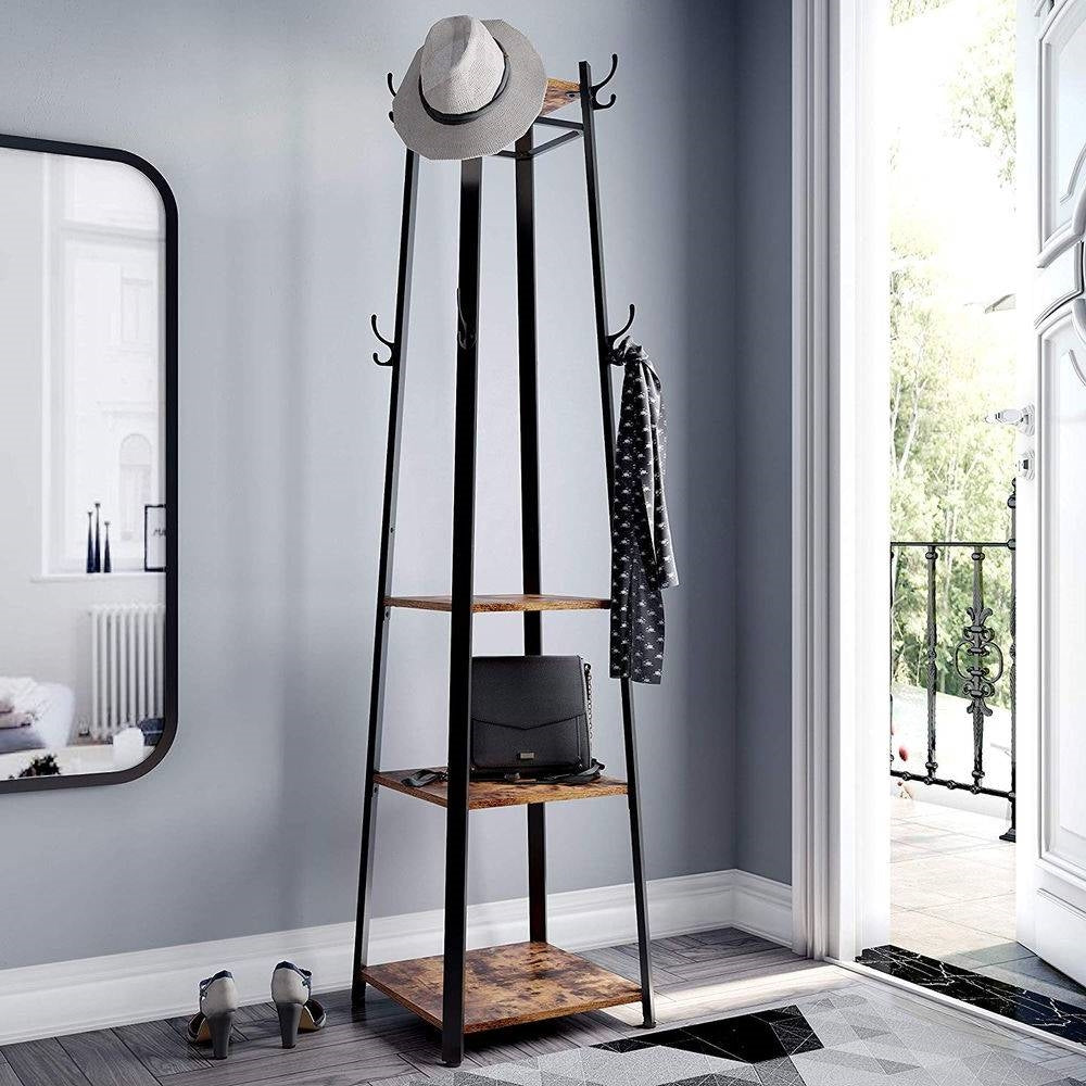 Modern Metal Frame Wood Shelf Coat Rack with 3-Shelves