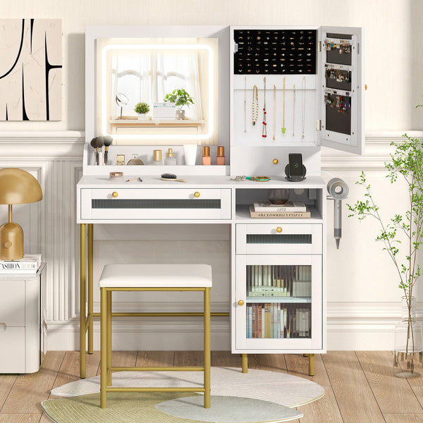 Modern Makeup Vanity Desk with Mirror and Lights and Stool Set-White