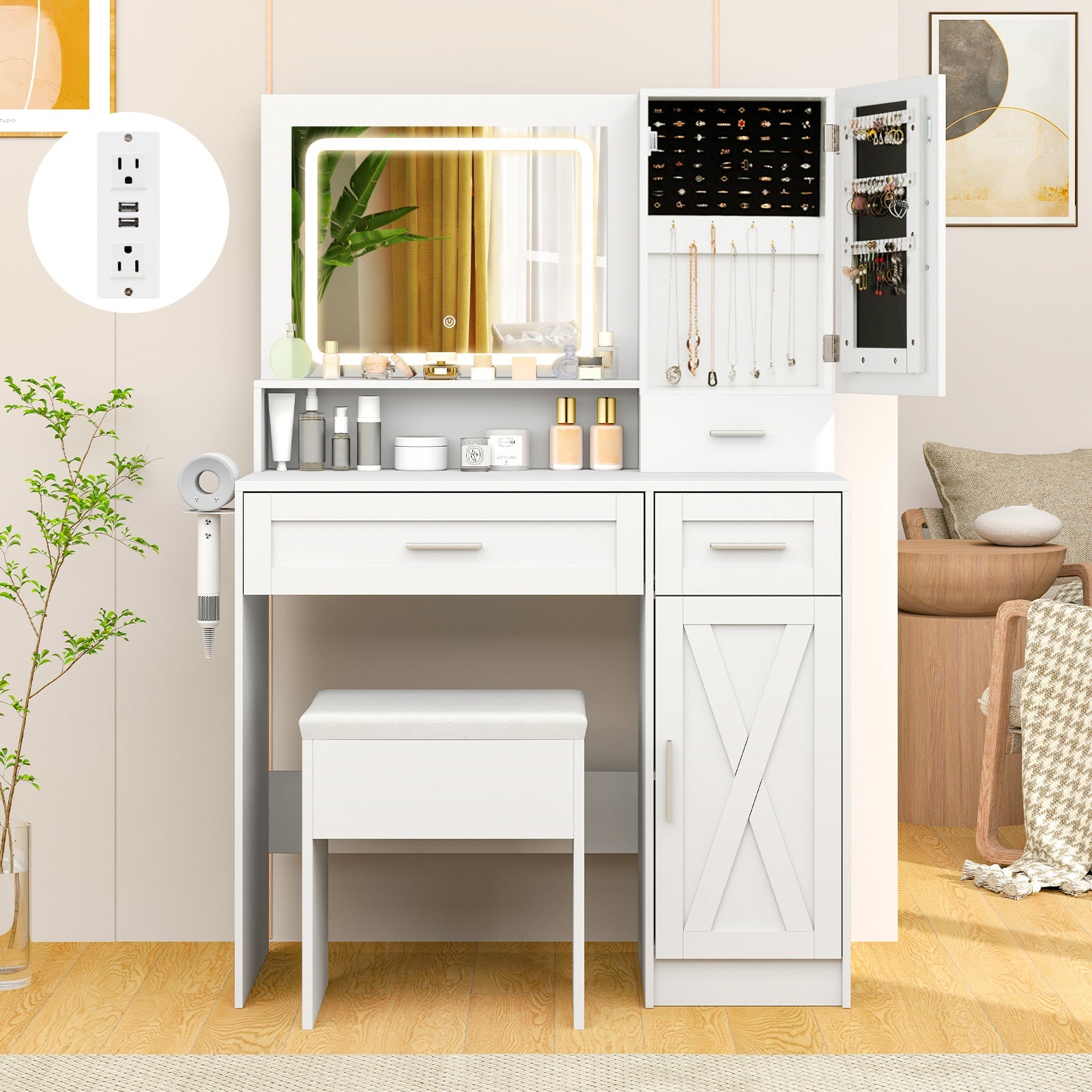 Makeup Vanity Desk with Mirror and Lights Dressing Table and Stool Set-White