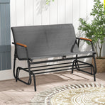 Patio Glider Bench with Curved Teak Armrests and Breathable Fabric Seat for 2 People-Brown