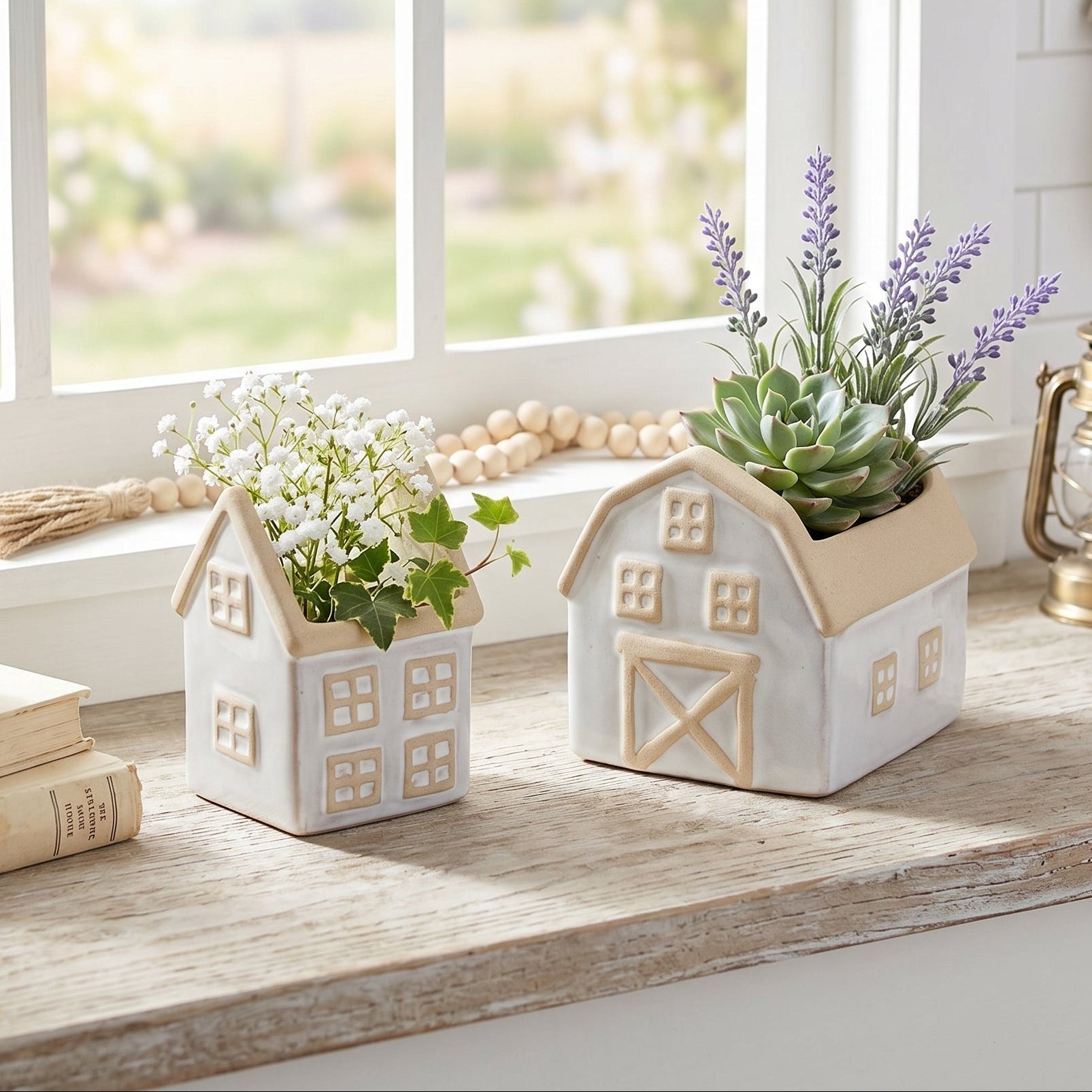 Neutral Porcelain House and Barn Planter Set