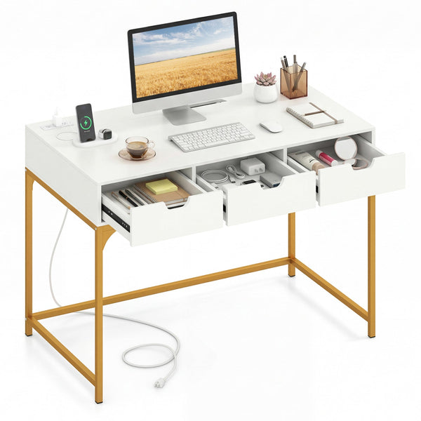 Office Desk with Power Outlets and Hidden Compartment