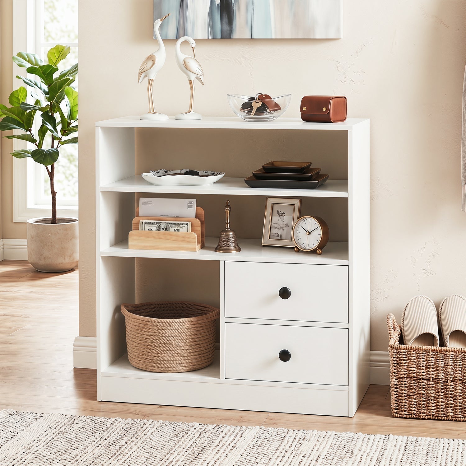 Console Table with 3 Open Shelves and 2 Fabric Drawers