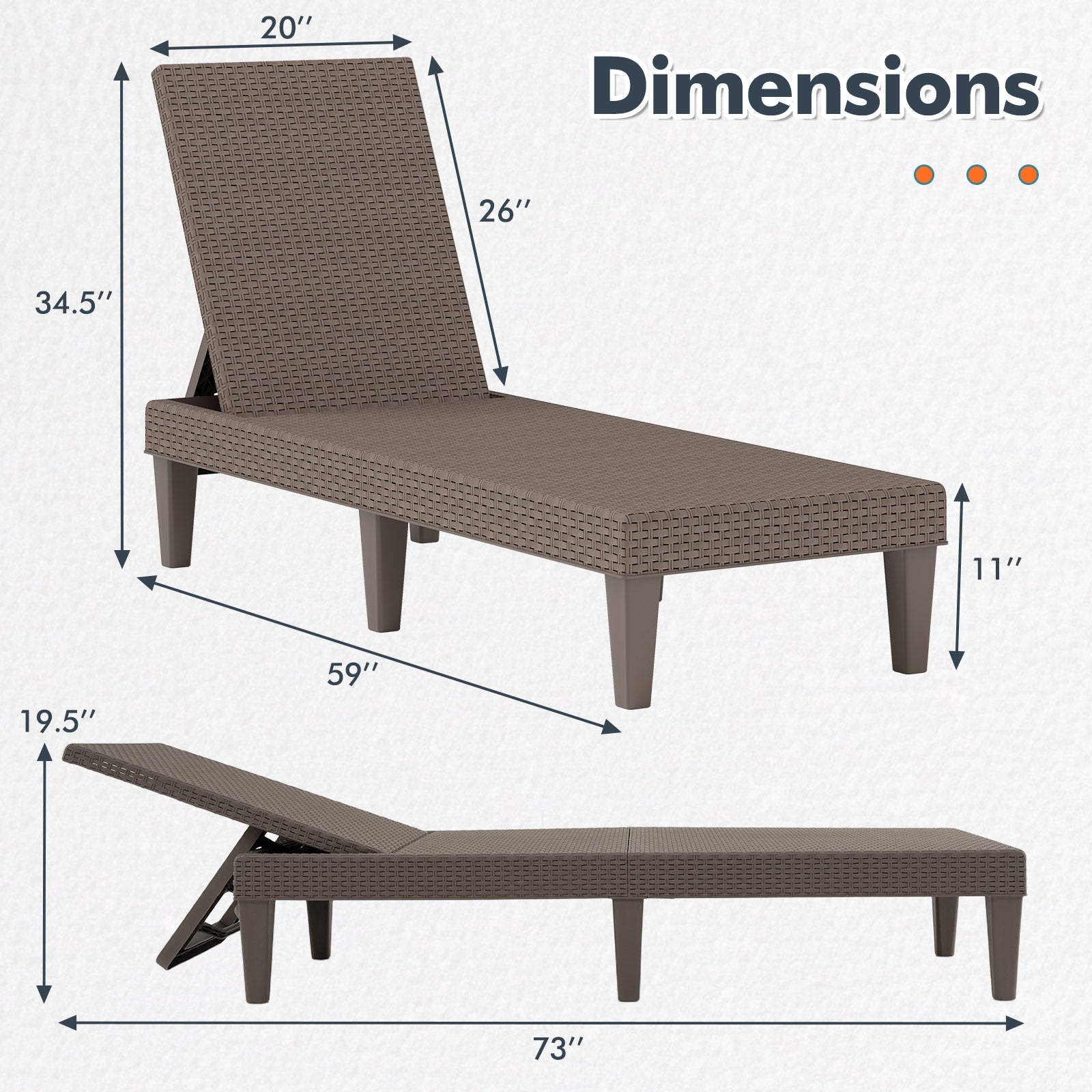 Outdoor Chaise Lounger Chair with Waterproof Rattan Textured PP Surface