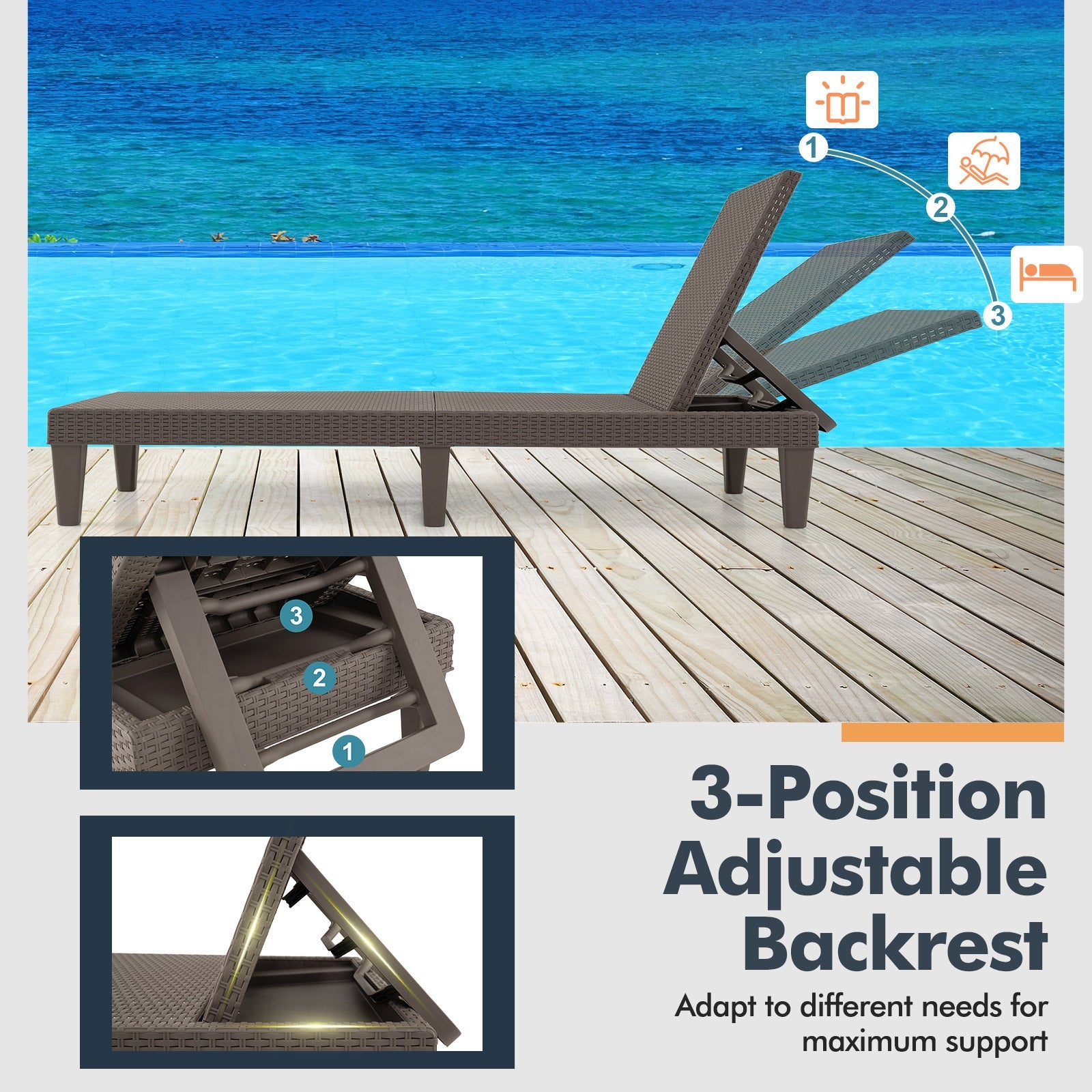Outdoor Chaise Lounger Chair with Waterproof Rattan Textured PP Surface