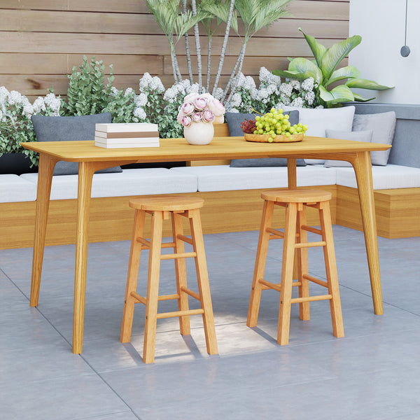 Set of 2 - 24-Inch Outdoor Wood Bar Stools with Round Seat and Footrest