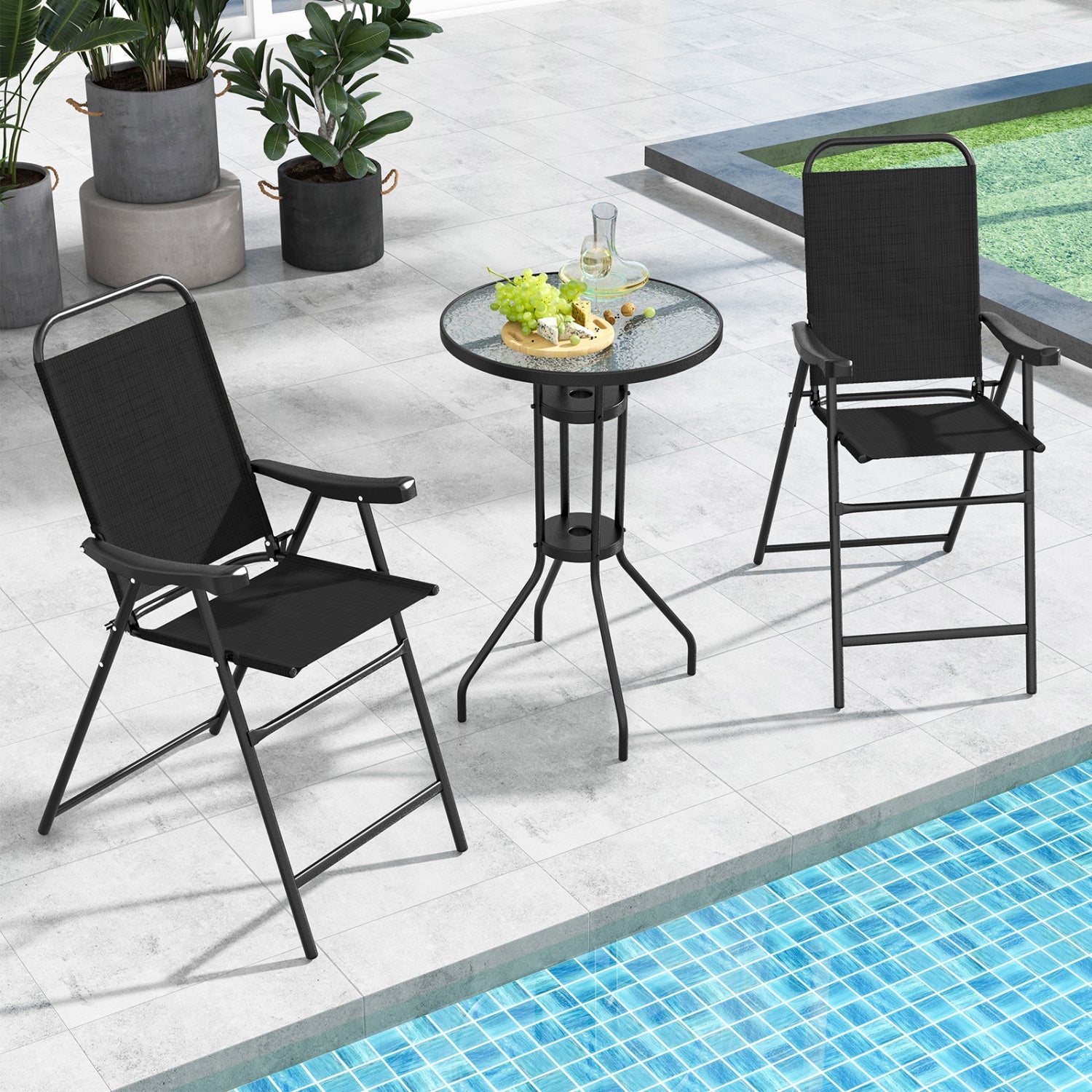 Folding Patio Bar Stool Set of 2 with Footrest - Black