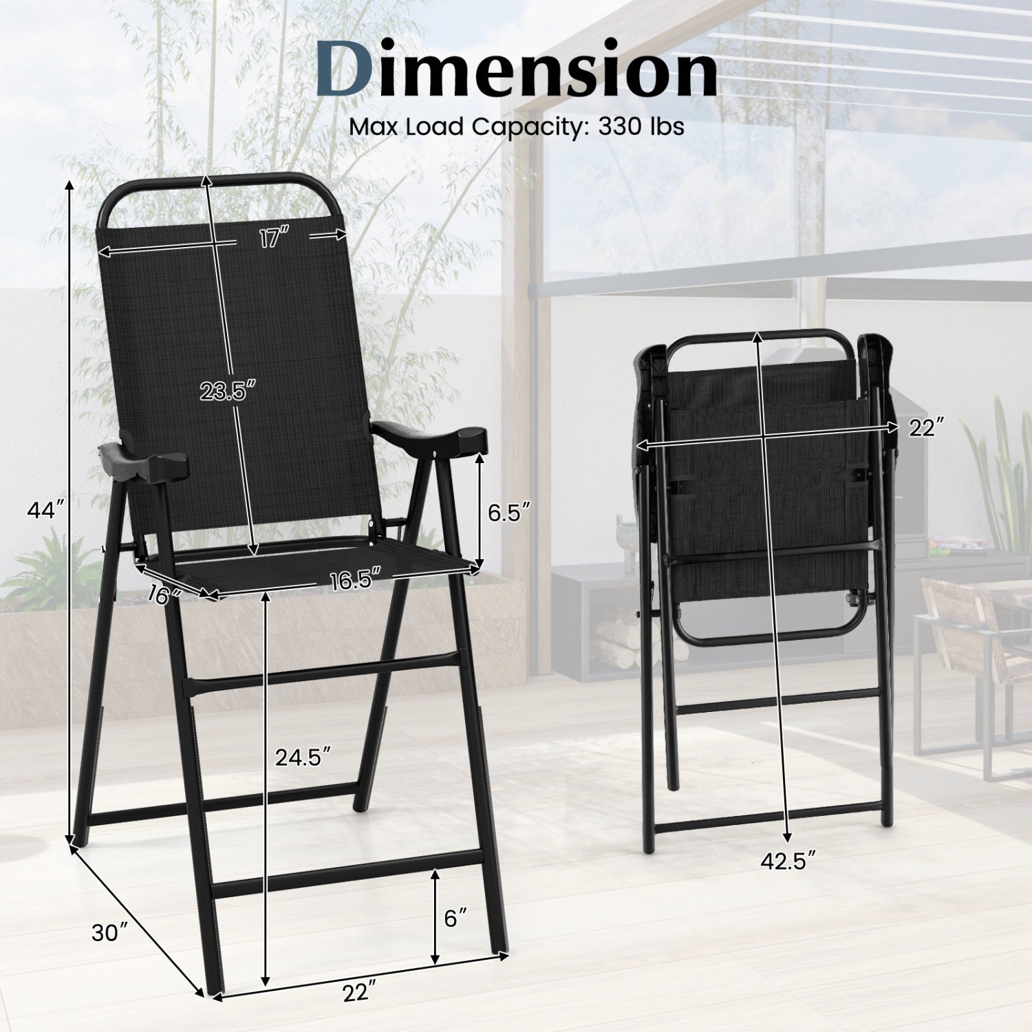 Folding Patio Bar Stool Set of 2 with Footrest - Black