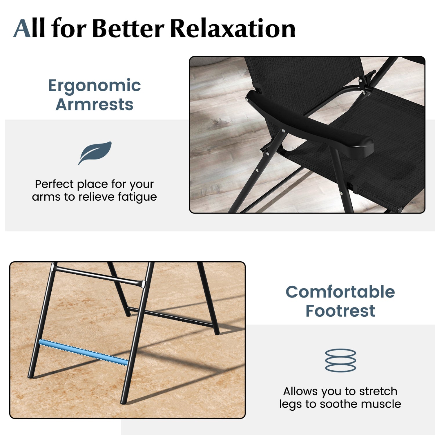 Folding Patio Bar Stool Set of 2 with Footrest - Black