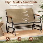 Patio Glider Bench with Curved Teak Armrests and Breathable Fabric Seat for 2 People-Brown
