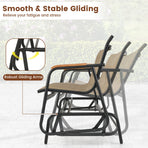 Patio Glider Bench with Curved Teak Armrests and Breathable Fabric Seat for 3 People-Brown