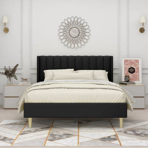 Queen size Mid-Century Black Linen Bed