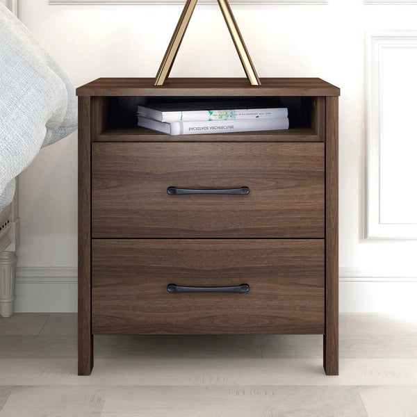Modern 2-Drawer Nightstand in Brown Walnut Wood Finish