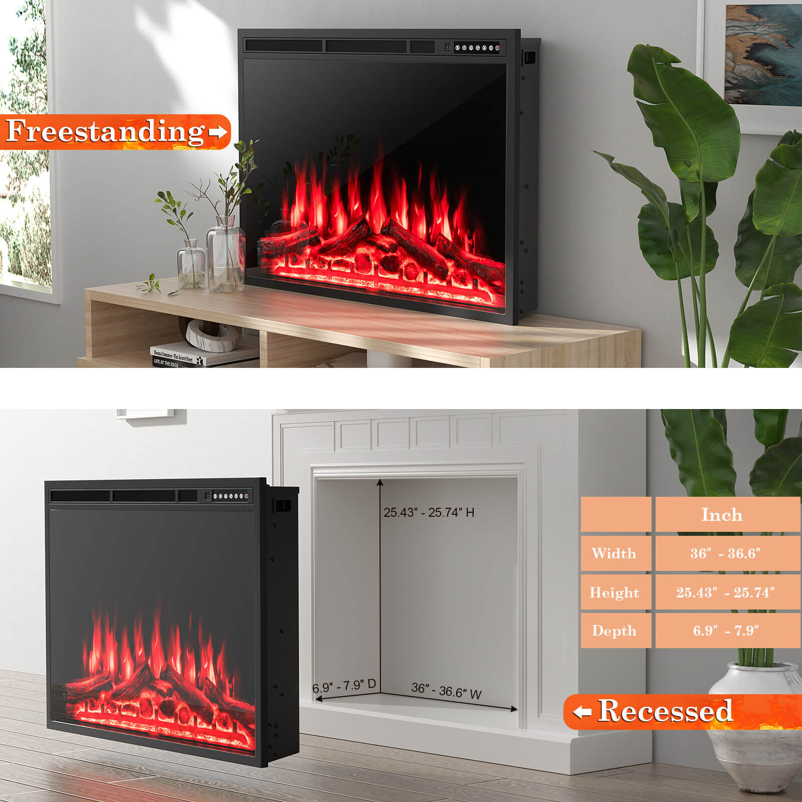 Electric Fireplace Recessed 34/37 Inch with Adjustable Flames