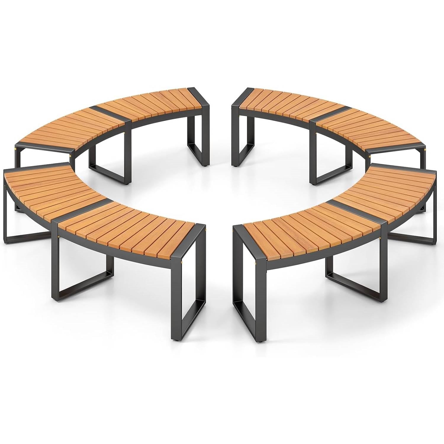 Set of 4 - Round Outdoor Metal Wood Backless Bench