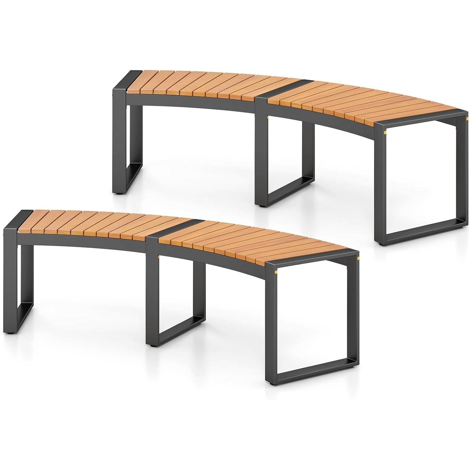 Set of 2 - Outdoor Metal Wood Backless Garden Bench