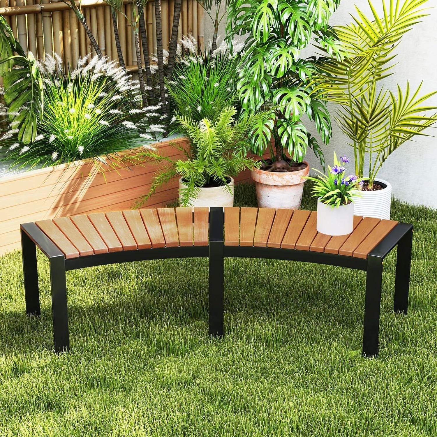 Set of 2 - Outdoor Metal Wood Backless Garden Bench