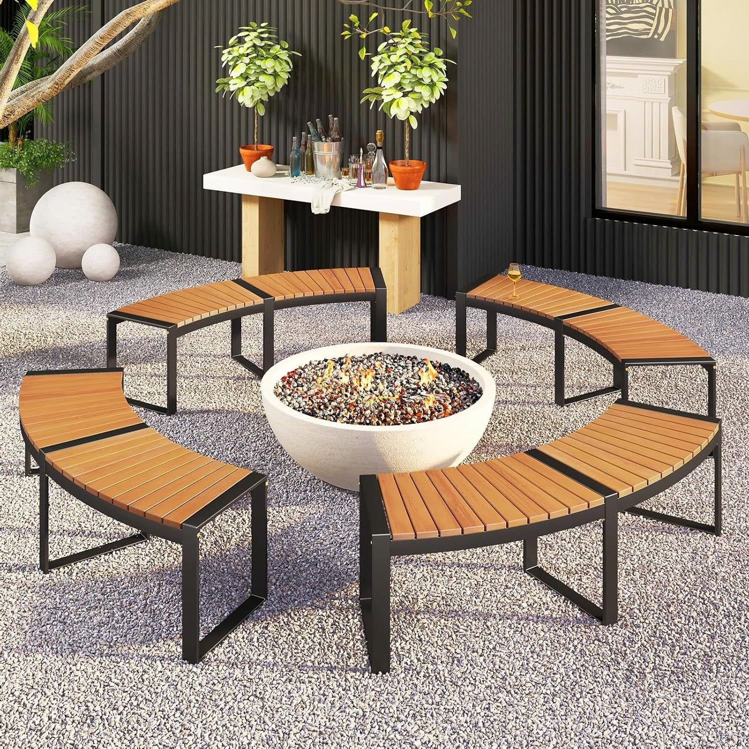 Set of 2 - Outdoor Metal Wood Backless Garden Bench