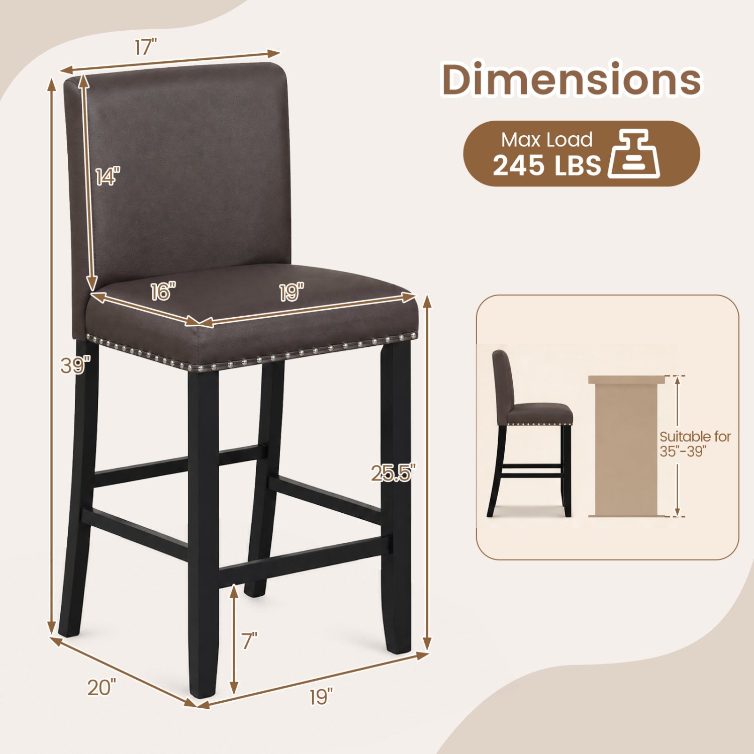 Bar Stools with Back Set of 2 - 25.5