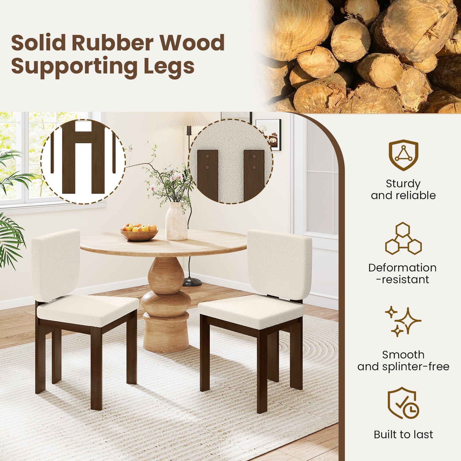 Wooden Dining Chair Set of 2 with Rubber Wood Leg