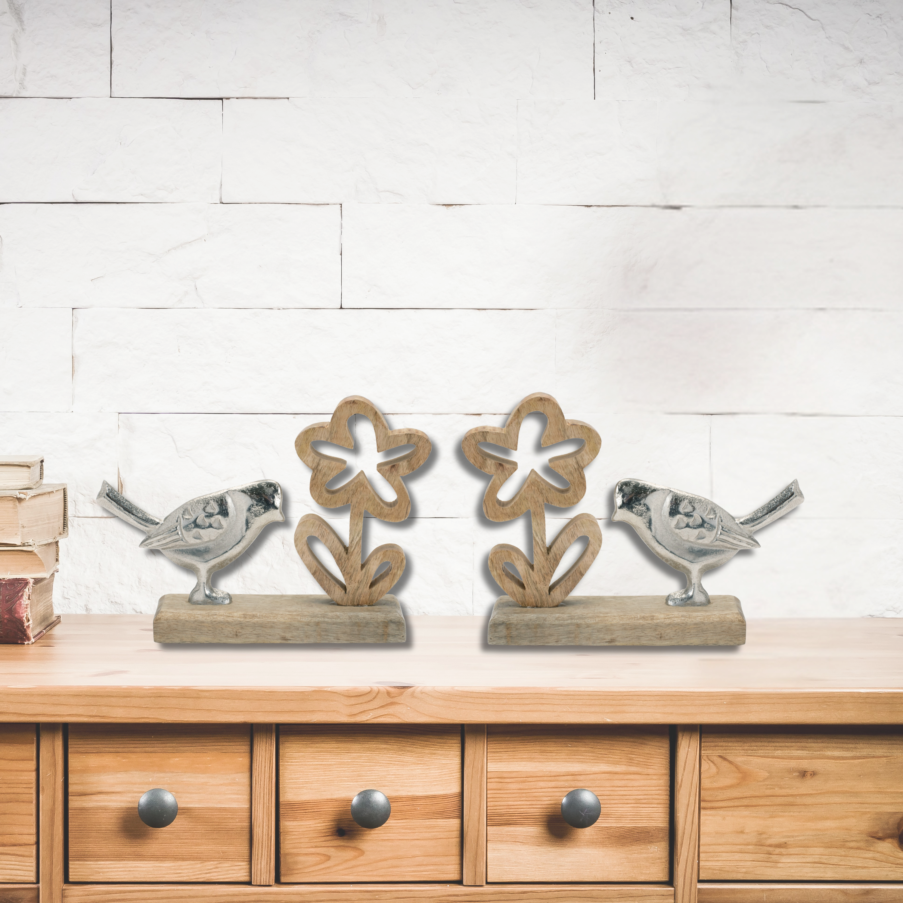 Set of 2 Rustic Metal Bird and Flowers on Wooden Stand