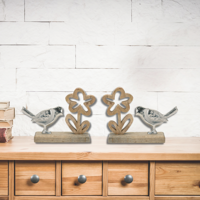 Set of 2 Rustic Metal Bird and Flowers on Wooden Stand