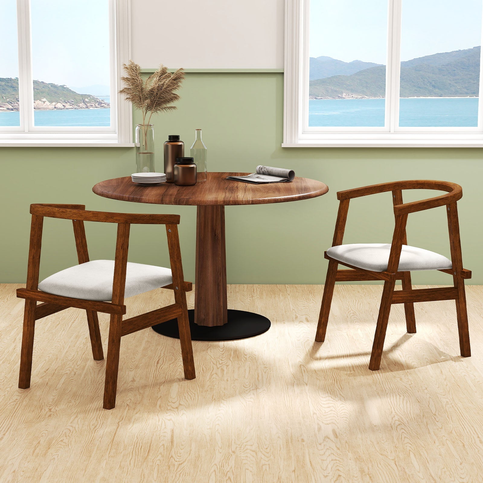 Set of 2 Solid Wood Chairs with Wrap-around Armrest-Walnut