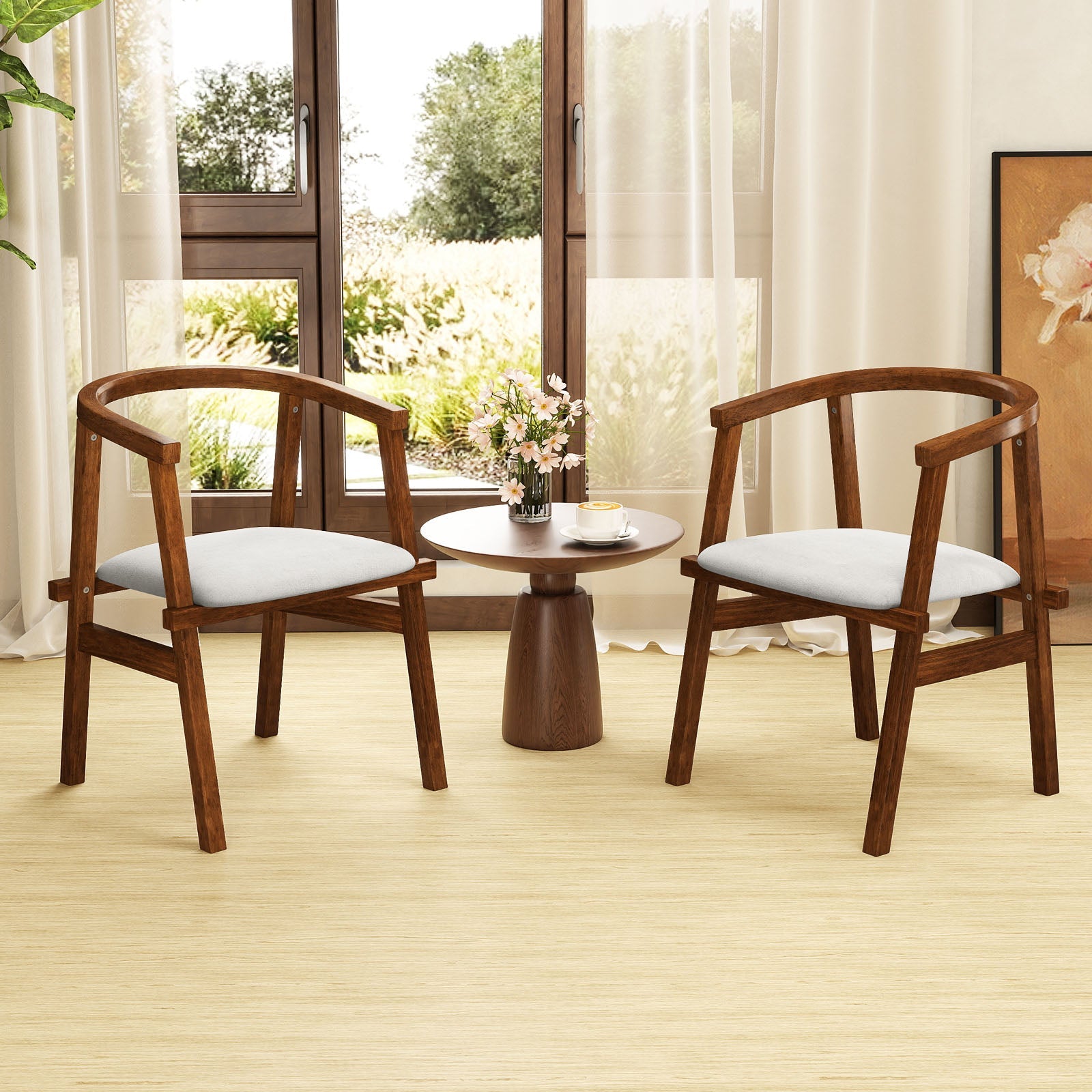 Set of 2 Solid Wood Chairs with Wrap-around Armrest-Walnut