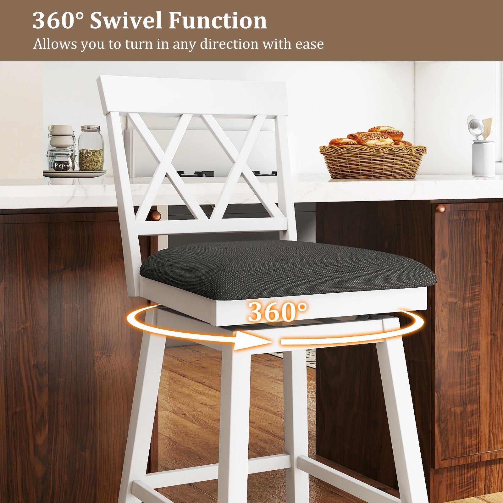 Set of 2 Swivel Bar Stools Counter Height Barstools with Backrest Upholstered Seat Cushion