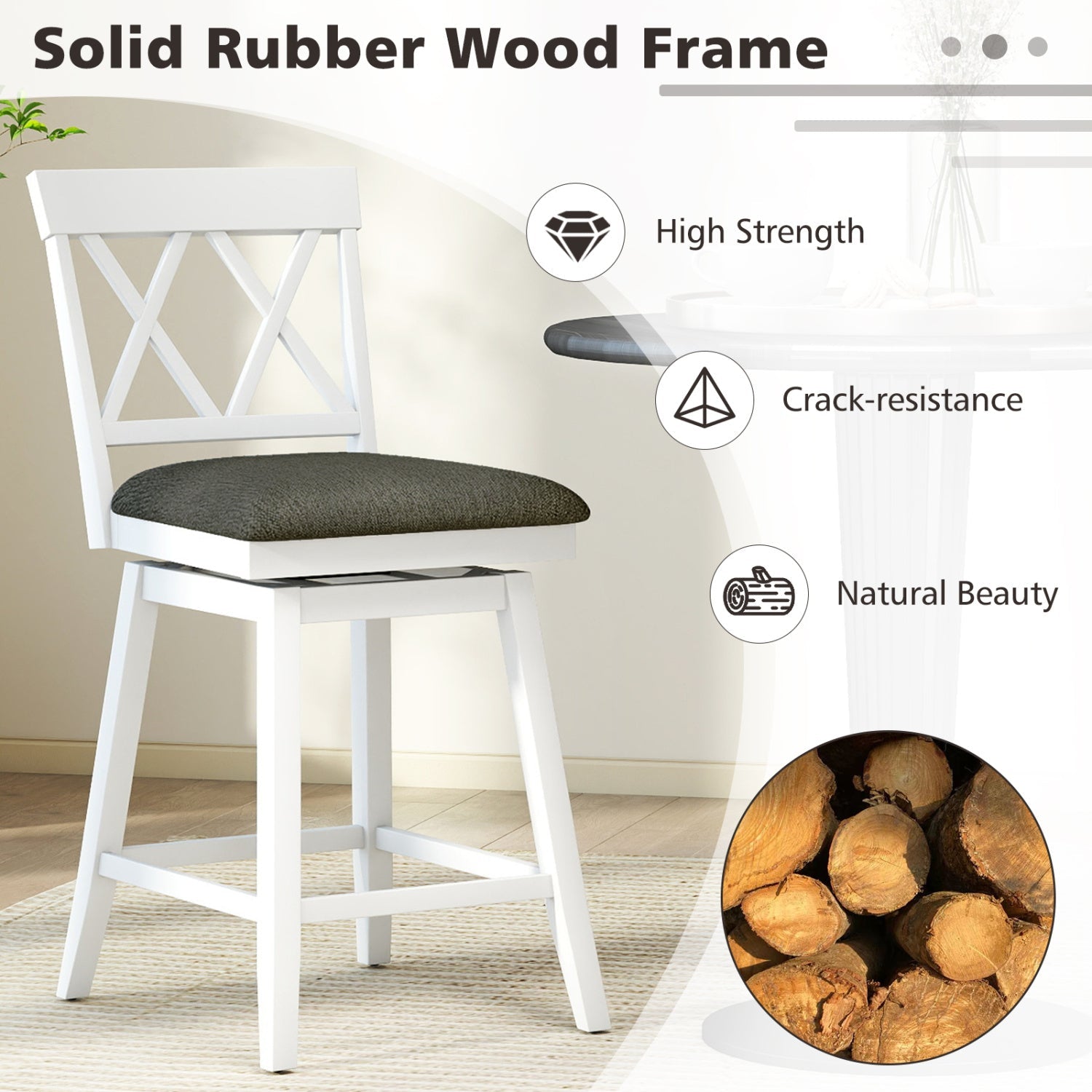 Set of 2 Swivel Bar Stools Counter Height Barstools with Backrest Upholstered Seat Cushion