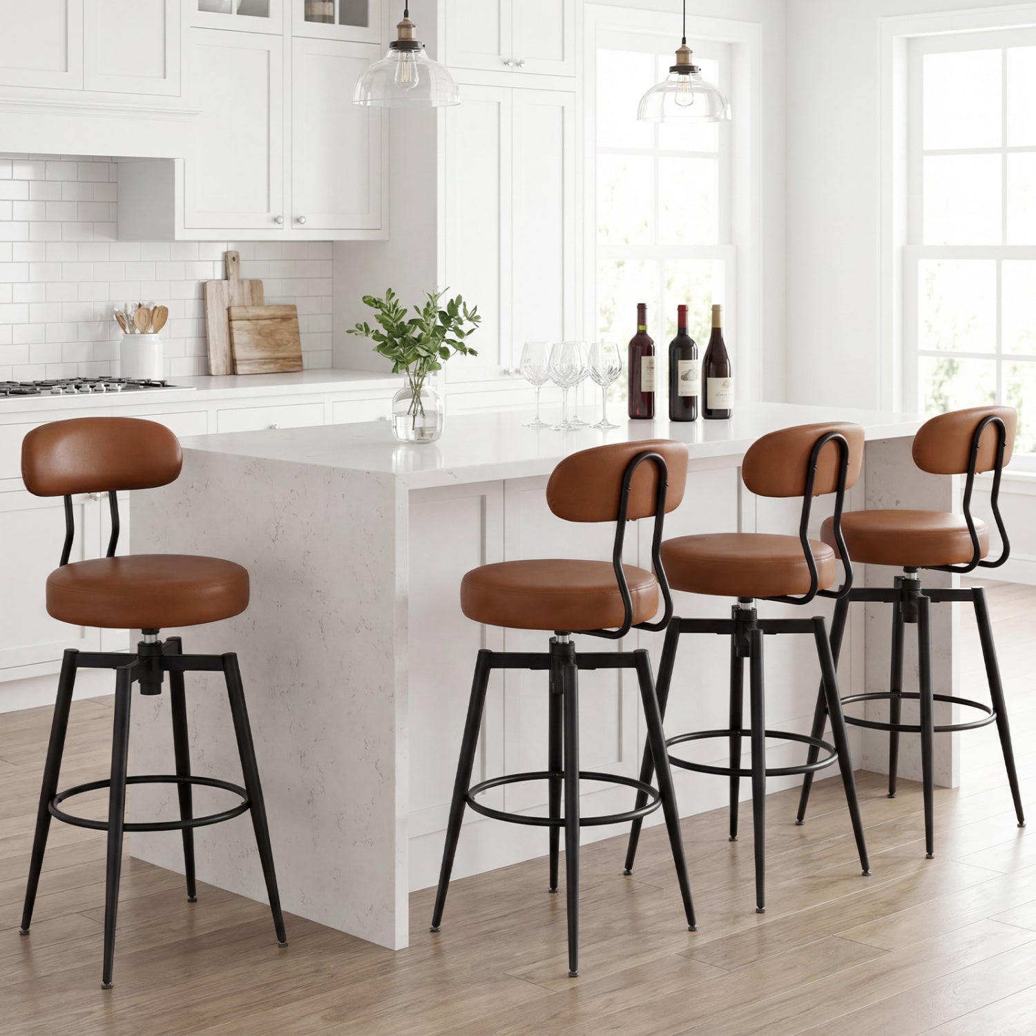 Set of 2 Swivel Barstools Faux Leather with Upholstered Seat and Back