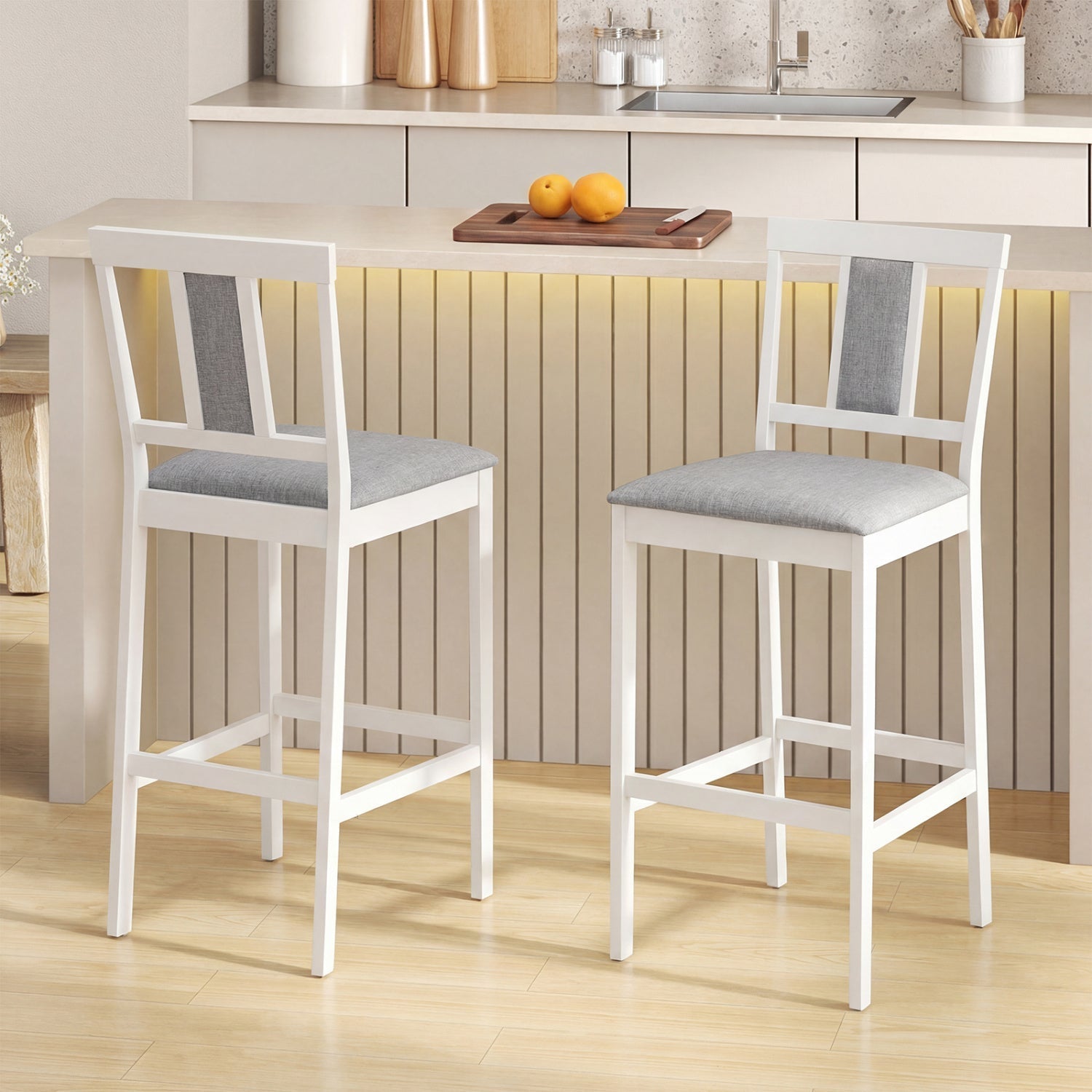 Set of 2 Upholstered Barstool 29.5 Inch Bar Height with Solid Rubber Wood Frame