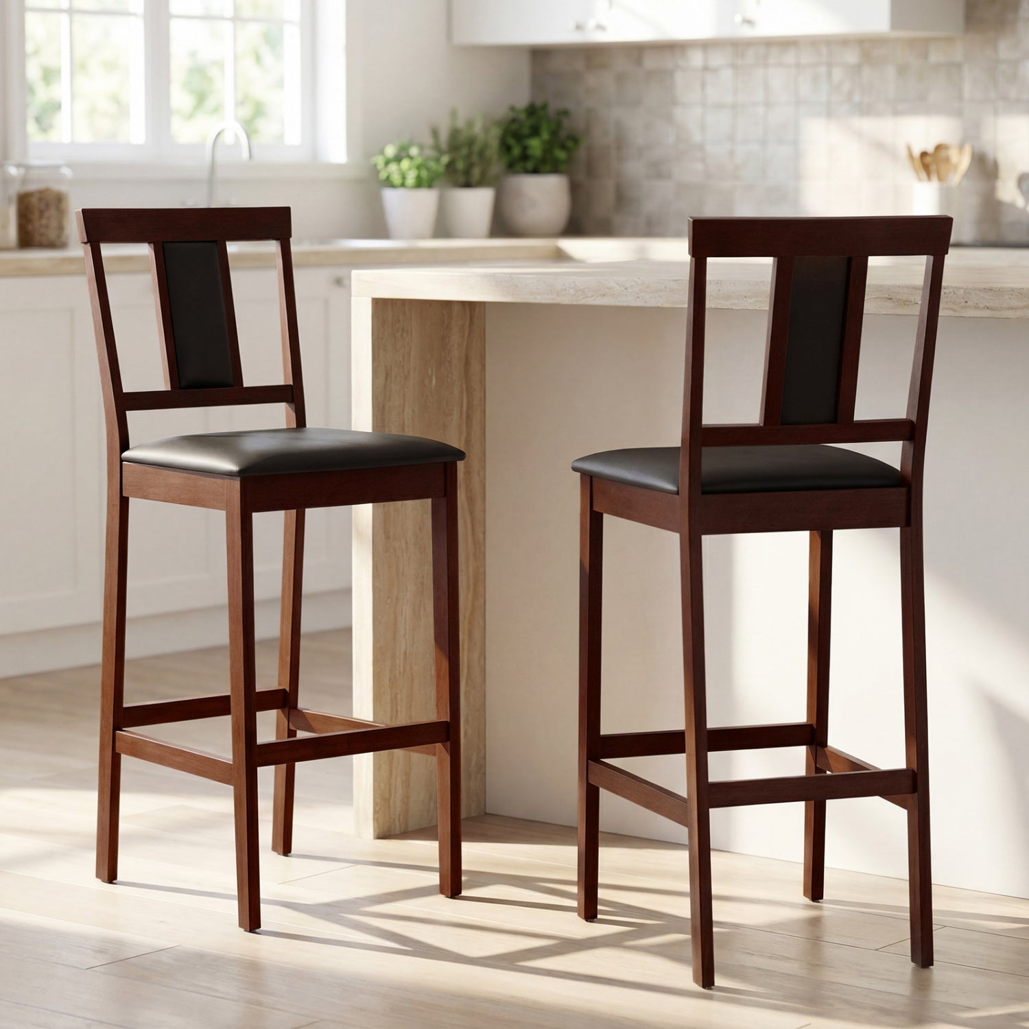 Set of 2 Upholstered Barstool 29.5 Inch Bar Height with Solid Rubber Wood Frame