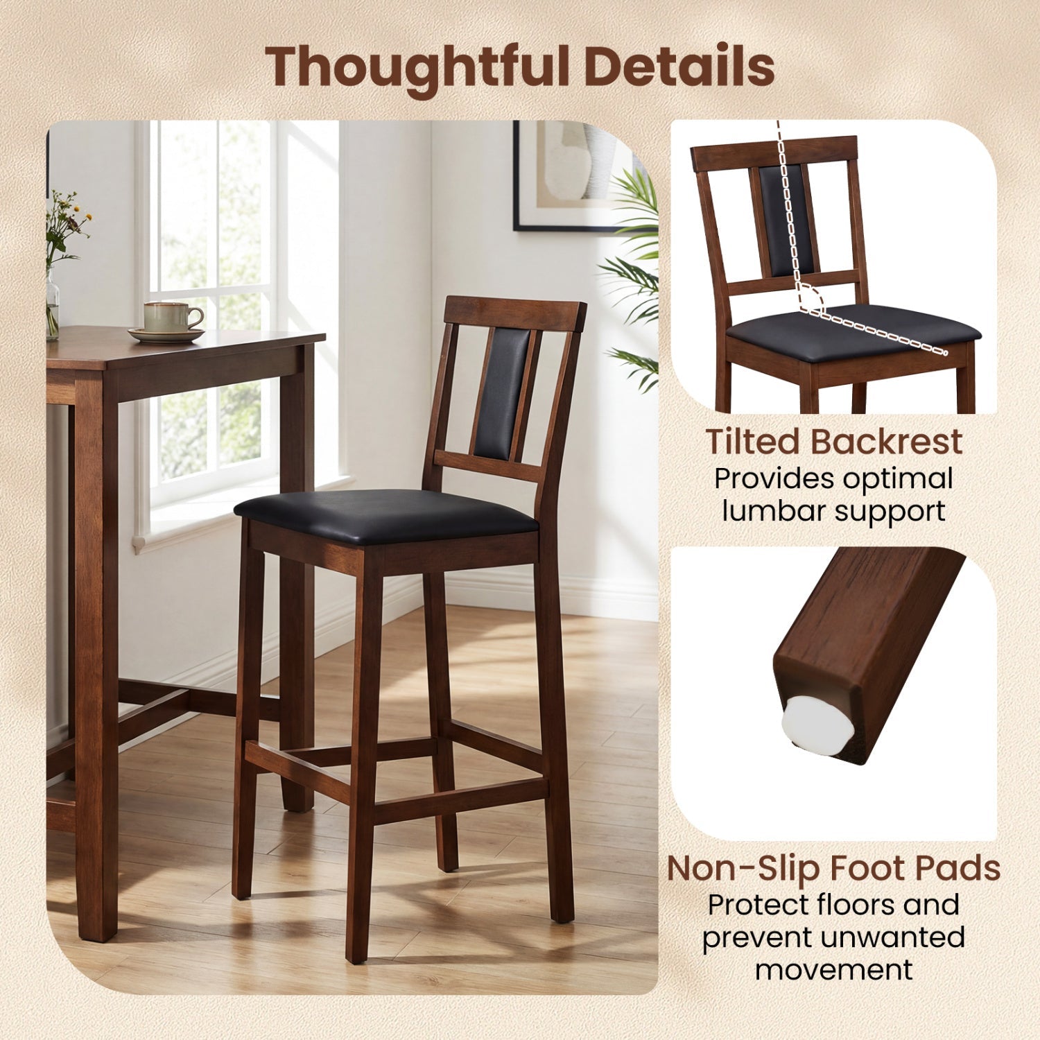 Set of 2 Upholstered Barstool 29.5 Inch Bar Height with Solid Rubber Wood Frame