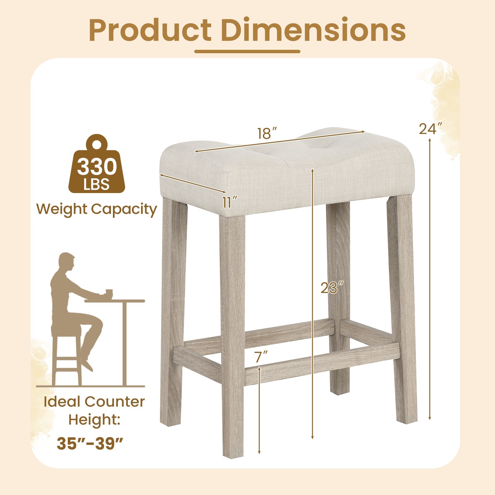 Set of 2 Upholstered Counter Height Bar Stool with Curved Saddle-Seat
