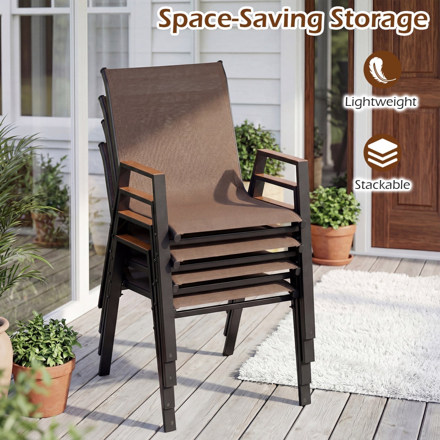 Set of 4 - Stackable Patio Dining Chairs with High Backs