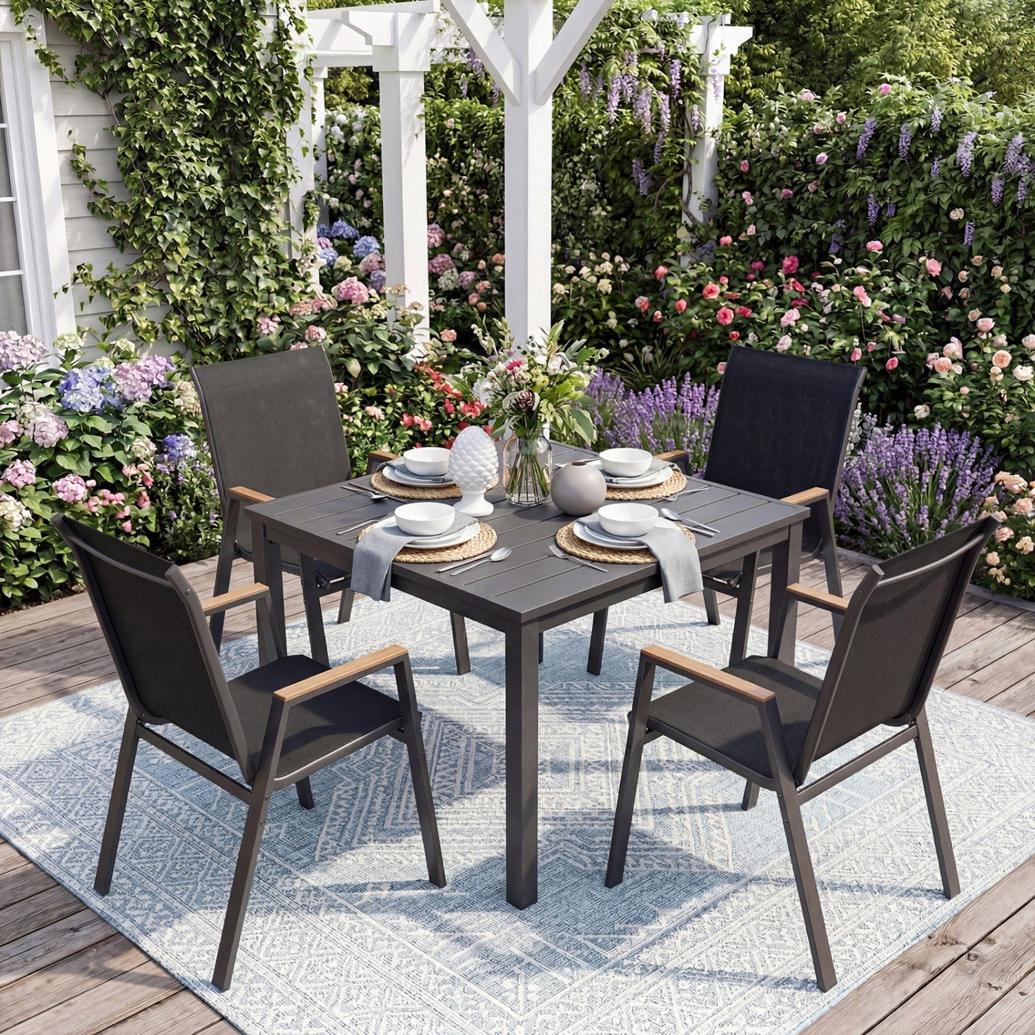 Set of 4 - Stackable Patio Dining Chairs with High Backs