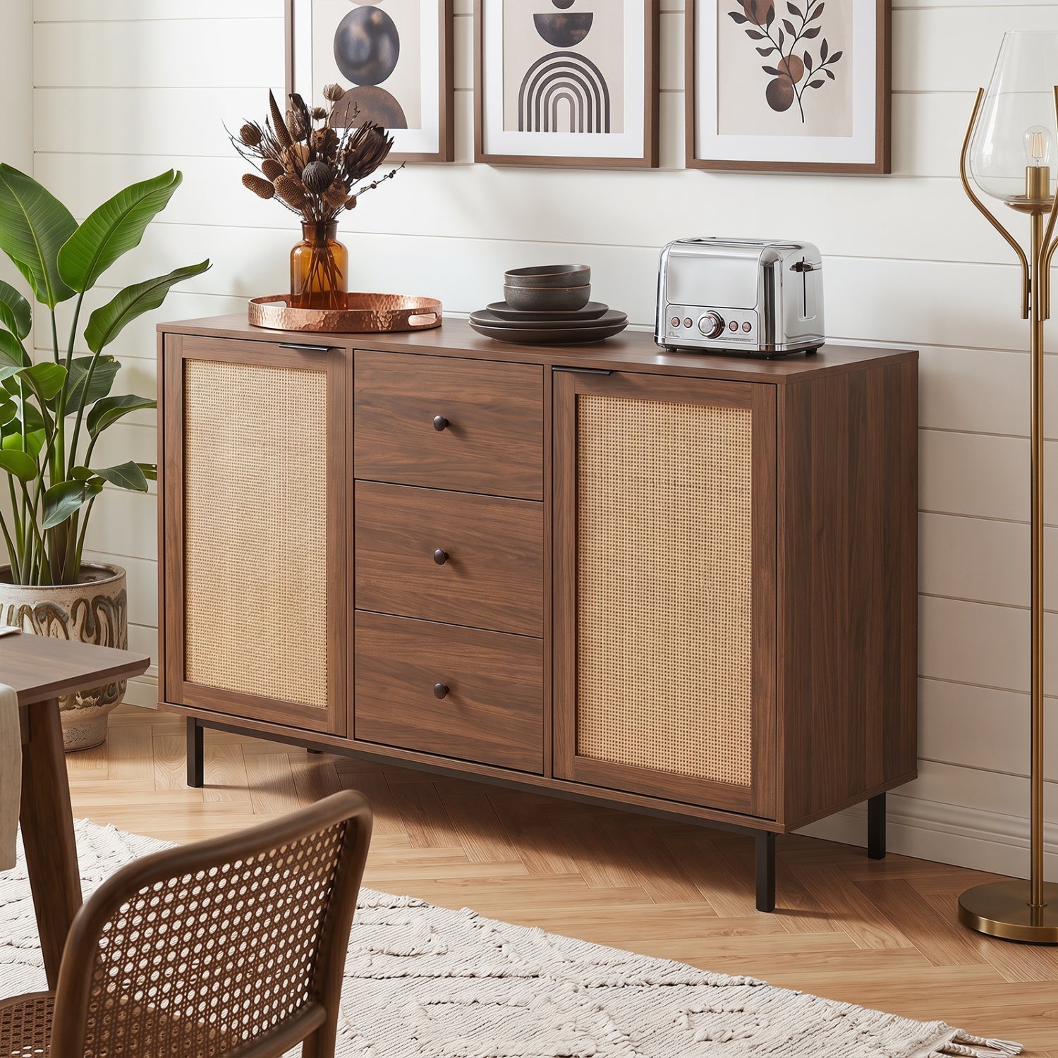 Sideboard Buffet Cabinet with Rattan Doors and 3 Drawers