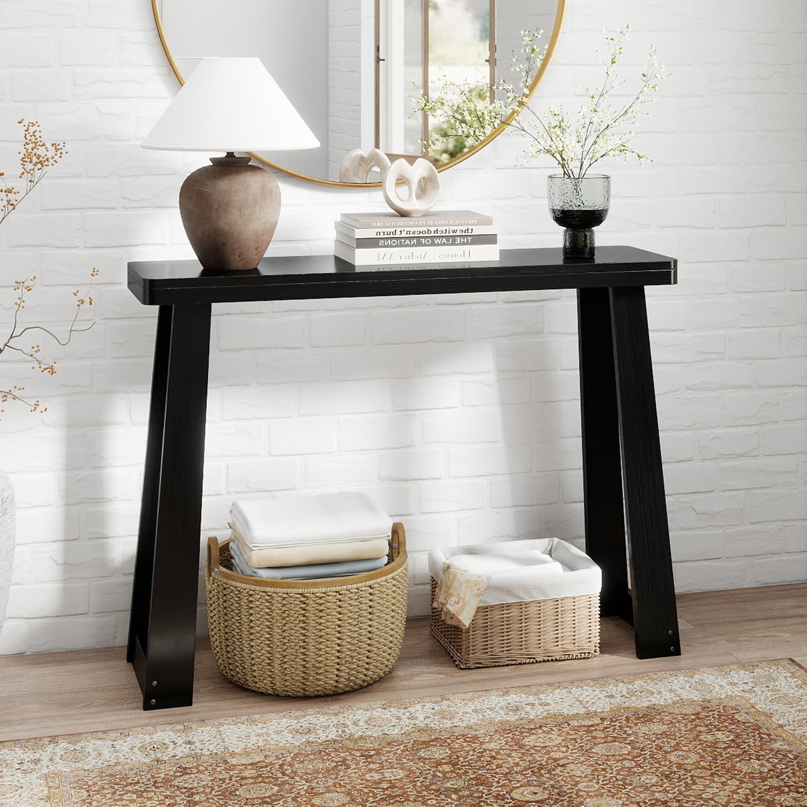 Solid Rubber Wood Console Table 43inch with Thick Tabletop